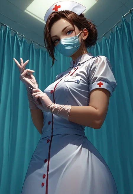 score_9, score_8_up, score_7_up, detailed, <lora:AdjustingGloves_XLPD:1.1>, adjusting clothes, adjusting gloves, upper body, looking at viewer, from below, nurse cap, nurse, mask, oiled gloves,