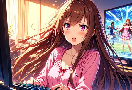 High detailed, ultra detailed, masterpiece, 1girl, gamer, long hair, brown hair, pink eyes, nightwear, early morning, playing on the PC, dawning, staring at the TV, fighting game, holding video game controller, energetic, excited, perfecteyes, easynegative