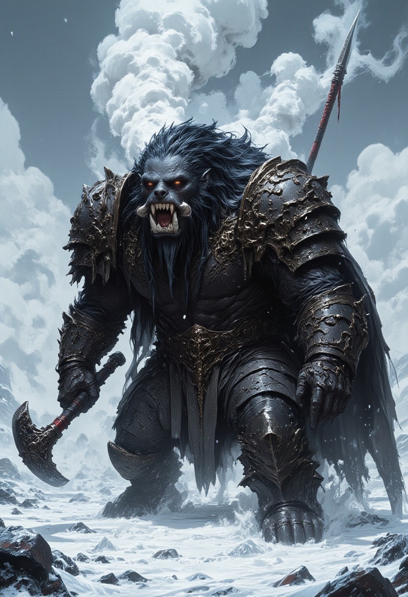 An1meL1nes, fg, a digital illustration featuring a large, wide shouldered, humanoid sea lion with two large tusks coming out its mouth, wearing heavy armor, weilding a battle axe and a shield. It has a fierce look, breathing out clouds of steam. The background is cold, ice, arctic plane, it is snowing