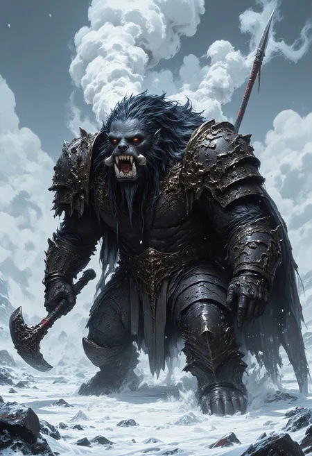 An1meL1nes, fg, a digital illustration featuring a large, wide shouldered, humanoid sea lion with two large tusks coming out its mouth, wearing heavy armor, weilding a battle axe and a shield. It has a fierce look, breathing out clouds of steam. The background is cold, ice, arctic plane, it is snowing