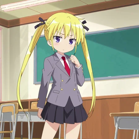 indoors,  <lora:Sonya_-_Kill_Me_Baby:1> sonyakmb, official style, anime screenshot, 1girl, solo, blonde hair, twintails, long hair, school uniform, necktie, hair ribbon, ribbon, purple eyes, red necktie, skirt