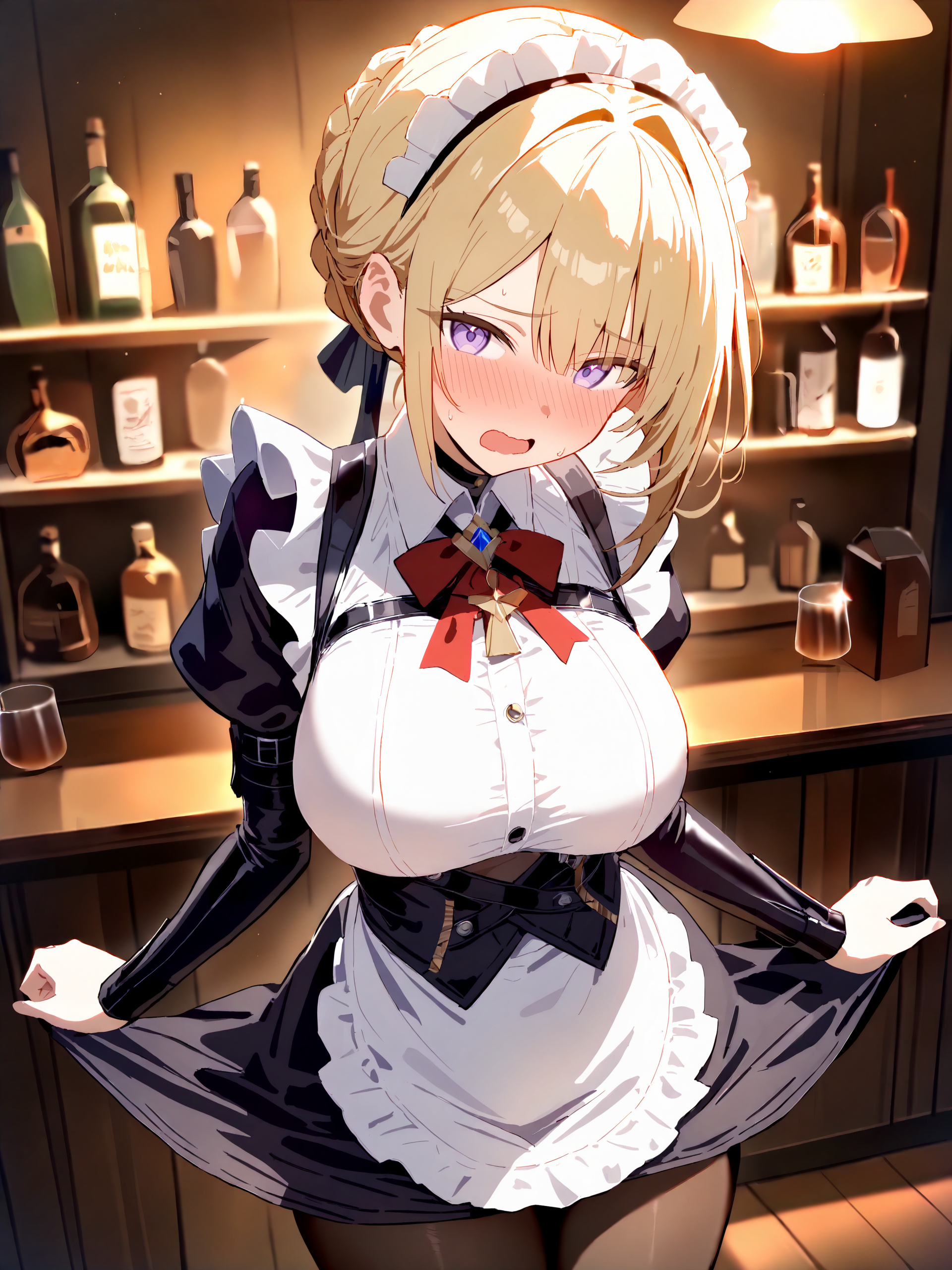 masterpiece, high score, great score, absurdres, blonde hair, purple eyes, <lora:Char-ZZZ-Evelyn-V1-XL:1:hr=0.6>, 1girl, solo, evelyn chevalier, braided bun, hair up, white shirt, black dress, underbust, red bowtie, maid headdress, maid apron, embarrassed, pantyhose, open mouth, blush, holding plate, looking at viewer, cowboy shot, bar \(place\), indoors, depth of field
