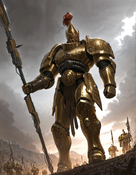masterpiece, best quality,high quality, newest, highres,8K,HDR,absurdres, iLLCustodes40k, 1boy, solo, helmet, power armor, golden armor, holding a spear, in a battlefield, apocalyptic, grimdark, mid shot, <lora:iLLCustodes40k:1>