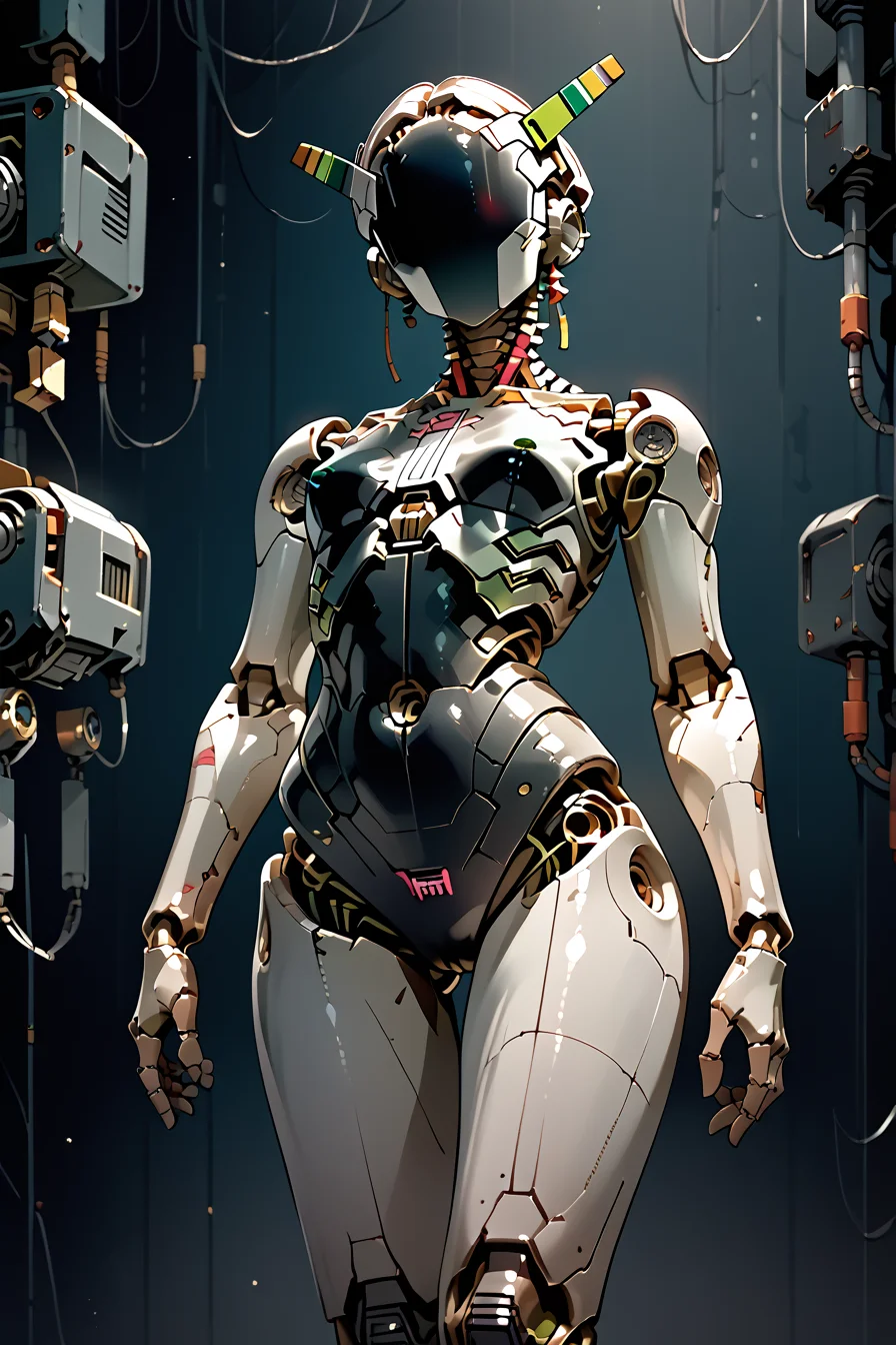 skinny, skinny legs, medium breasts, <lora:Aff_anne_droid_2_:1> anne_droid, droid, a humanoid female robot, smooth featureless face, robot joints, body made of metals, body panelling)), ((body made of shiny white metal)), white metal skin, (entirely white skin), industrial cyberpunk setting, digital eyes,, score_9, score_8_up, score_7_up, score_6_up, score_5_up, score_4_up