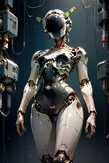 skinny, skinny legs, medium breasts, <lora:Aff_anne_droid_2_:1> anne_droid, droid, a humanoid female robot, smooth featureless face, robot joints, body made of metals, body panelling)), ((body made of shiny white metal)), white metal skin, (entirely white skin), industrial cyberpunk setting, digital eyes,, score_9, score_8_up, score_7_up, score_6_up, score_5_up, score_4_up