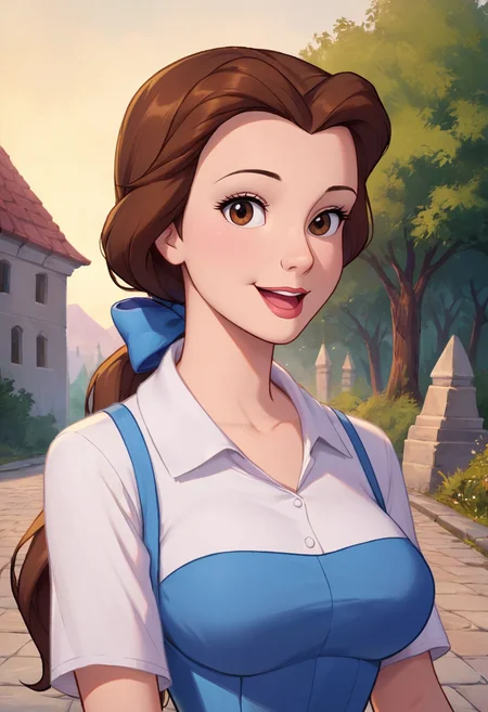 PonyXLV6_Scores ,source_anime, masterpiece,best quality, highly detailed,<lora:xl_more_art-full_v1:0.8>,cinematic,
BREAK
<lora:belle:0.8>belle,1girl, solo, brown hair, shirt,brown eyes, smile, white shirt, looking at viewer, upper body, outdoors, bow, ponytail, open mouth, long hair, hair bow, blue dress, blue bow, dress,parody,large breasts,