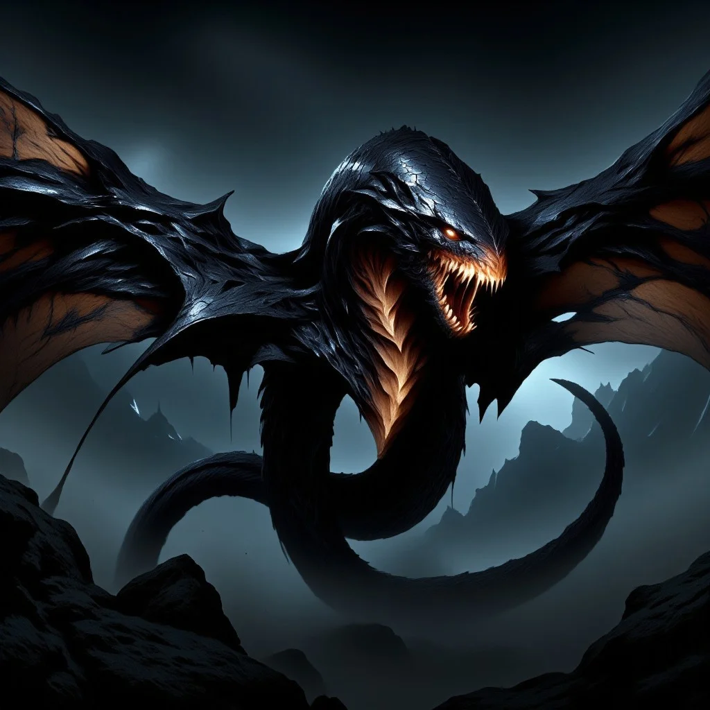 A terrifying flying snake with obsidian scales glides menacingly through the dark skies. Its body is sleek and sinuous, reflecting faint light off its razor-sharp scales. Massive, leathery wings stretch out on either side, beating with a whisper of death as it moves with predatory precision. Its eyes glow with an eerie, molten gold hue, filled with malevolent intelligence and a hunger for destruction. The creature's fanged mouth opens to reveal venom-dripping teeth, each one ready to deliver a fatal, paralyzing bite. Its hiss echoes through the air, a sound that sends chills down the spine, as it coils in mid-flight, ready to strike with lethal speed. This is no ordinary snake, but a beast of pure nightmare, embodying all that is dark and dangerous."