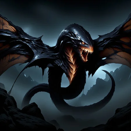A terrifying flying snake with obsidian scales glides menacingly through the dark skies. Its body is sleek and sinuous, reflecting faint light off its razor-sharp scales. Massive, leathery wings stretch out on either side, beating with a whisper of death as it moves with predatory precision. Its eyes glow with an eerie, molten gold hue, filled with malevolent intelligence and a hunger for destruction. The creature's fanged mouth opens to reveal venom-dripping teeth, each one ready to deliver a fatal, paralyzing bite. Its hiss echoes through the air, a sound that sends chills down the spine, as it coils in mid-flight, ready to strike with lethal speed. This is no ordinary snake, but a beast of pure nightmare, embodying all that is dark and dangerous."