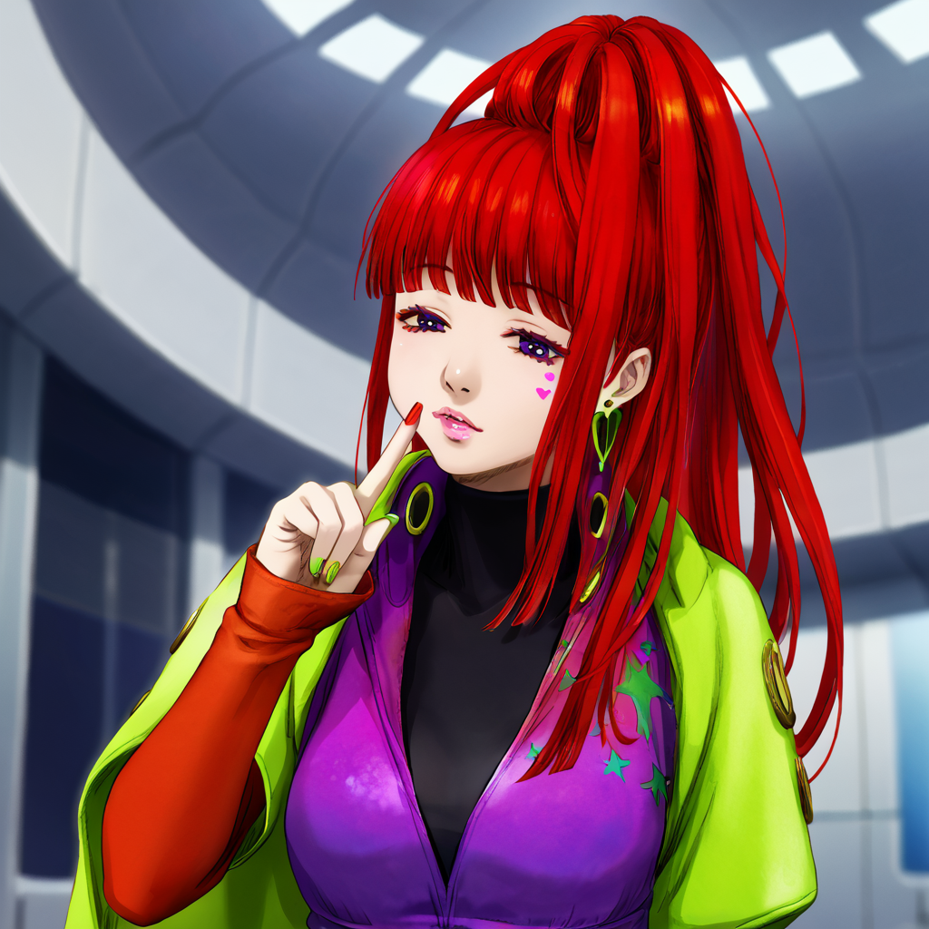 best quality, masterpiece, official artwork, (realistic:0.3), 1girl, solo, sq,  red hair, jewelry, earrings, purple eyes, lips, nail polish, makeup, long hair, ponytail, jacket, dress, spaceship room background, one finger point on face, sleepy face, cute