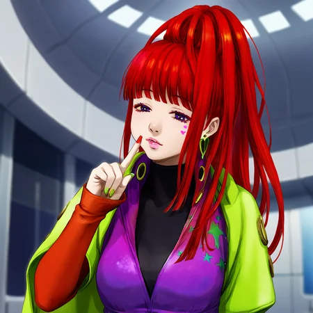 best quality, masterpiece, official artwork, (realistic:0.3), 1girl, solo, sq, red hair, jewelry, earrings, purple eyes, lips, nail polish, makeup, long hair, ponytail, jacket, dress, spaceship room background, one finger point on face, sleepy face, cute