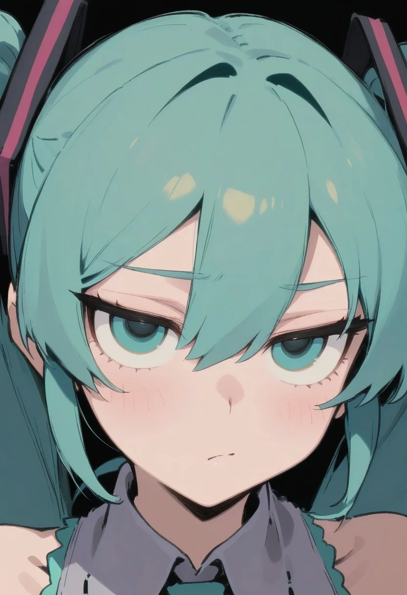 masterpiece, best quality, very aesthetic, high resolution, ultra-detailed, absurdres, newest, extremely detailed eyes, Little_netizen, disdainful eyes, 1girl, hatsune miku, close up, portrait