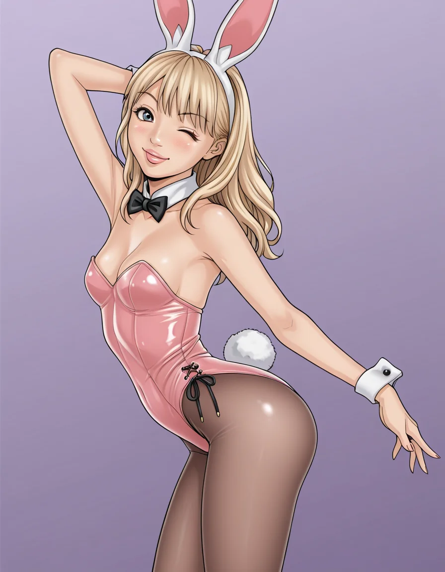 <lora:REDLIGHT_Illustrious:1>rlstyle
1girl
blonde, leotard, pantyhose, see-through, bunny ears, showgirl, posing, dynamic, wink, cleavage, small breasts, thighs, butt