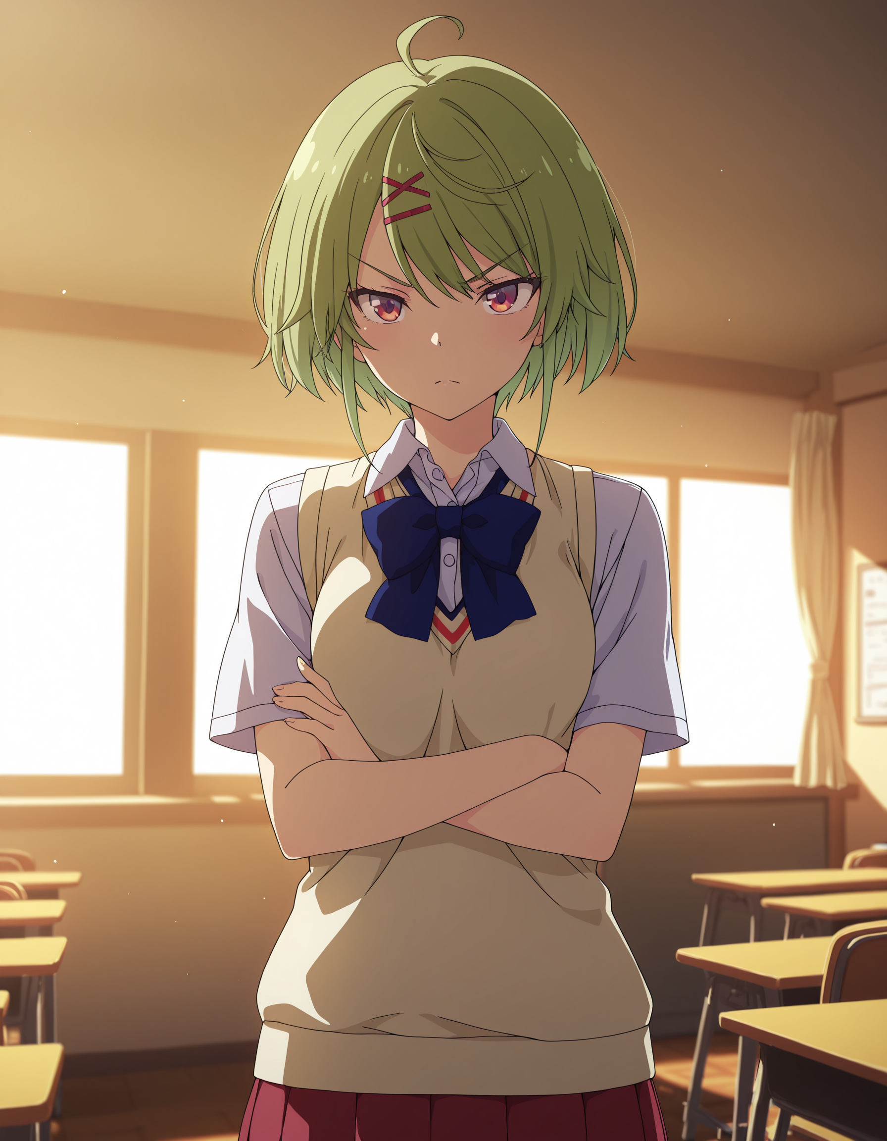 masterpiece,best quality,crossed arms,classroom,sidelighting,, <lora:mnb2:1>
mnb,solo,short hair,(green hair:0.5),ahoge,hair ornament,light frown,v-shaped eyebrows,anime coloring
sweater vest,shirt,red skirt,blue bowtie,pleated skirt,