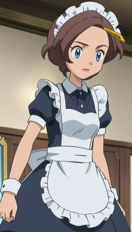 brown hair,blue eyes,hairclip,<lora:Grace v2:1>,maid headdress,, anime screencap,score_9,simple background,