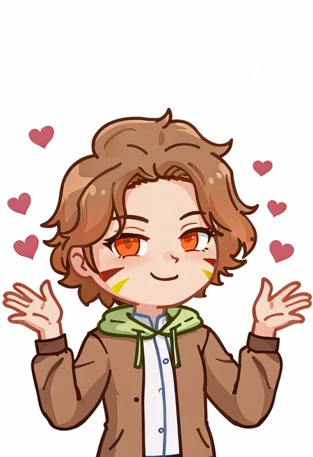 score_9, score_8_up, score_7_up, score_6_up, score_5_up, score_4_up, Stickersr, white background, solid outline, S6ARAGWOFFRGRD, brown hair, short hair, orange eyes, facial mark, brown unbuttoned hoodie, white shirt,
dynamic pose, expressive emotions, ((hands raised up)), wants to hug, reaches out to hug, hearts, expressive emotions, naughty face, loving look