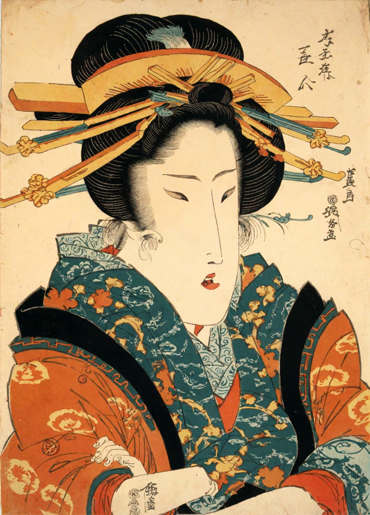 <lora:keisai-eisen_pony_v1:1> 'geusha' by eisen keisai in, bijinga \(genre\), ukiyo-e \(style\), shimada, a protrait of a woman, score_9, score_6_up, score_7_up
