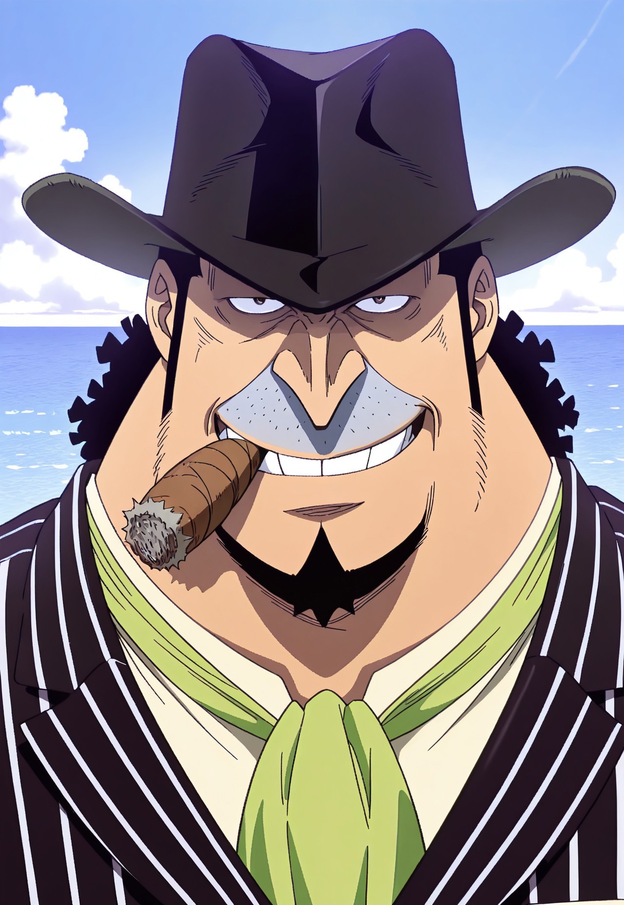 solo, masterpiece, detailed, uwa, huge filesize, ultra hd, best quality, (absurdres, highres), 1boy, official art, bright, 

OPCaponeBege, black hair, facial hair, cigar, hat, striped suit, striped pants, portrait, headshot, looking at viewer, smiling, ocean