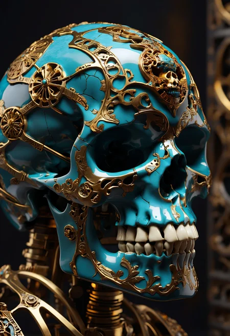 (Crafted Ceramic of a skull), gold filigree, cybernetic enhancements, machinery, rusty steel armor, triadic colors, stunning background. dark and moody, a mesmerizing blend of light and shadow. masterpiece, absurdres, intricate details <lora:TQCeramicStyle:0.9>