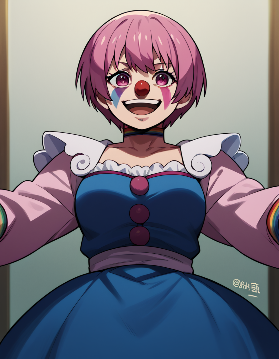 score_9, score_8_up, score_7_up, source_anime, <lora:inca-kasugatani-s2-ponyxl-lora-nochekaiser:1>, inca kasugatani, short hair, pink hair, pink eyes, medium breasts,, <lora:clown-ponyxl-lora-nochekaiser:1>, clown, makeup, clown nose, facepaint, gloves, long sleeves, frills, dress,, smile, open mouth, smug, , dutch angle, cowboy shot