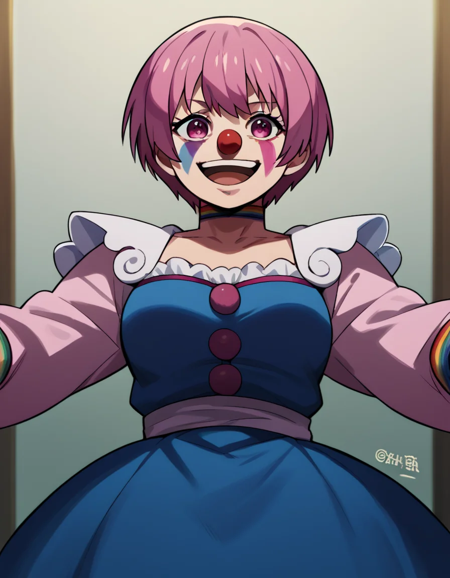score_9, score_8_up, score_7_up, source_anime, <lora:inca-kasugatani-s2-ponyxl-lora-nochekaiser:1>, inca kasugatani, short hair, pink hair, pink eyes, medium breasts,, <lora:clown-ponyxl-lora-nochekaiser:1>, clown, makeup, clown nose, facepaint, gloves, long sleeves, frills, dress,, smile, open mouth, smug, , dutch angle, cowboy shot