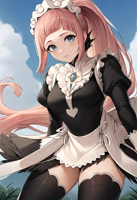 score_9, score_7_up, source_anime BREAK 1girl, solo, <lora:shinozukajouji-artist-richy-v1_pdxl:1> <lora:felicia-fe-richy-v2_pdxl:1> flcdf, blue eyes, pink hair, long hair, ponytail, maid headdress, black feathered collar, blue brooch, breasts, maid, juliet sleeves, maid apron, bridal gauntlets, black thighhighs, thighs