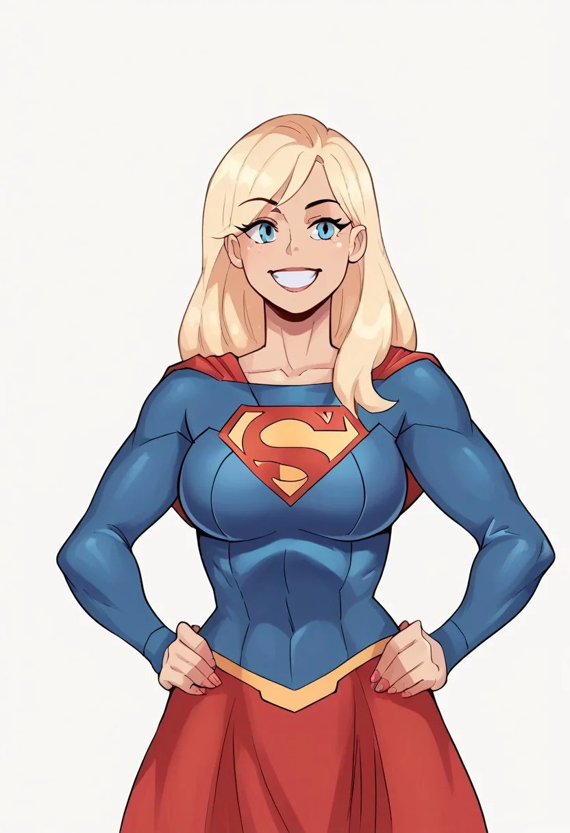 score_9, score_8_up, score_7_up, source_anime, artist (sunnysundown), supergirl, supergirl (dc), big breasts, large breasts, hands on hips, blonde hair, big smile, wide smile, blonde hair, blank background, white background, perfect smile,