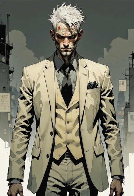 This is a highly detailed, digital illustration in a realistic, dark, and moody comic book style. The subject is a man with a stern, intense expression, set against a muted, grayscale background that suggests a dimly lit, urban environment. He has short, spiky white hair that is slightly disheveled, with a few strands falling over his forehead. His skin is pale and marked with numerous scars, giving him a rugged, weathered appearance. He has a prominent, jagged scar across his forehead, and several smaller scars on his face and neck. His eyes are dark and piercing, with a hint of red in the irises, adding to the ominous atmosphere. He is dressed in a tailored, light beige suit with a matching vest and tie, giving him a formal yet intimidating look. The suit is slightly rumpled, with a pocket square peeking out from the breast pocket on the right side. The textures of the suit are finely detailed, with creases and folds that add depth and realism. The background is minimalistic, with a few abstract, geometric shapes that suggest a cityscape, further emphasizing the lone figure in the foreground. The overall mood of the image is dark and intense, with a sense of foreboding and mystery. Mangaka style.