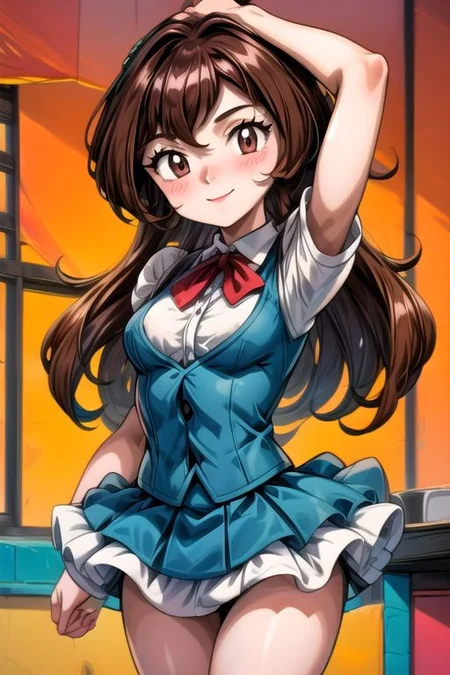 <lora:Giselle_Pokemon-07:0.8>, 1girl, solo, long hair, looking at viewer, smile, bangs, skirt, simple background, brown hair, shirt, brown eyes, tutu skirt