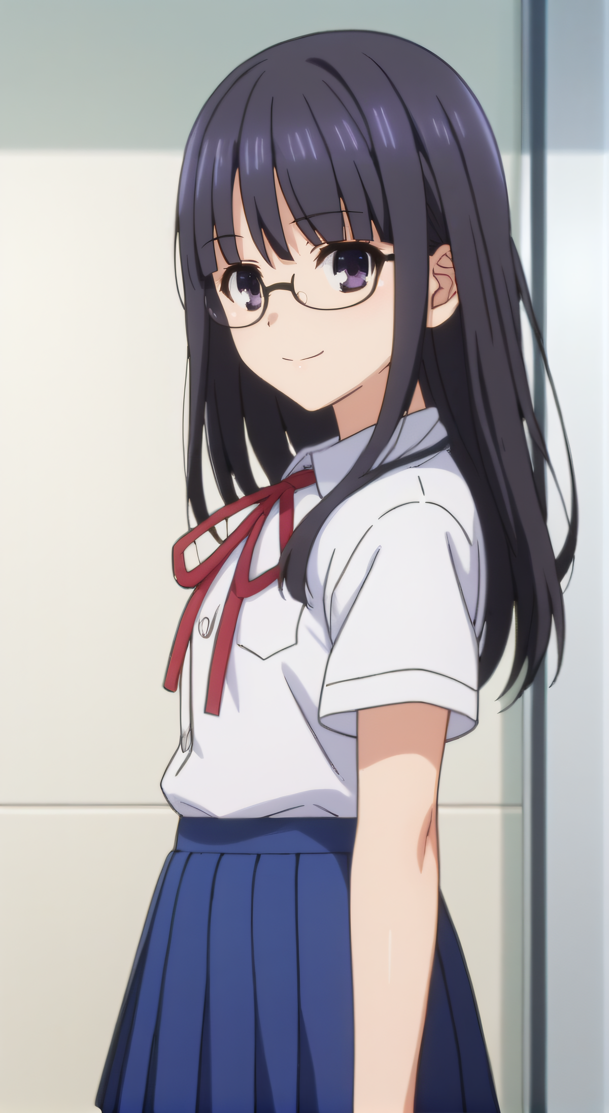 score_9, score_8_up, score_7_up, source_anime, rating_safe, intricate details, anime screencap, official style, anime coloring, 1girl, solo, <lora:Fujibakama_Mii:1>, fujibakamamii, dark hair, dark eyes, glasses, school uniform, white shirt, short sleeves, pleated skirt, blue skirt, looking at viewer, smile, indoor, cowboy shot, from side