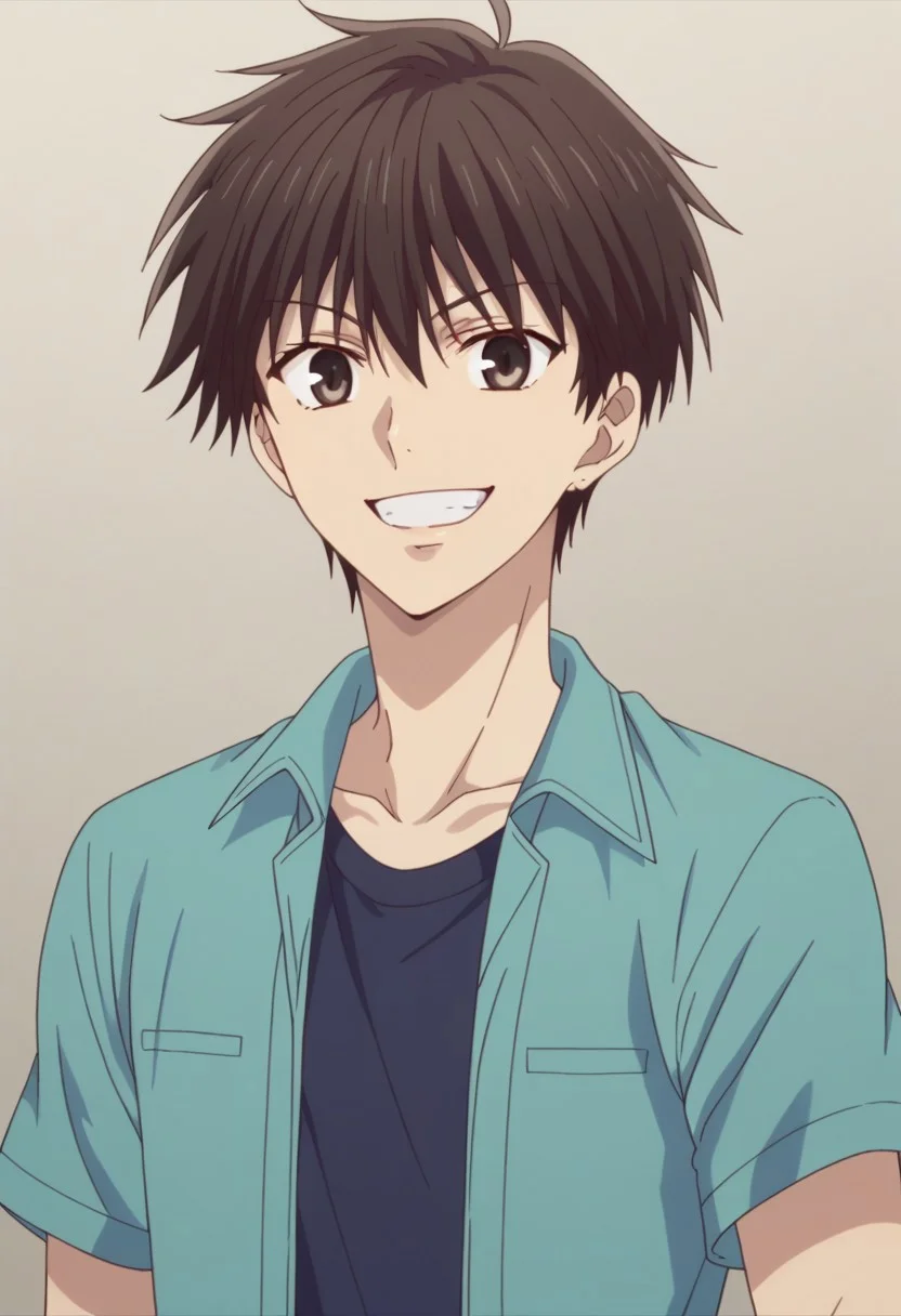 score_9, score_8_up, score_7_up, source_anime, highly detailed,
kakerumanabe, 1boy, male focus, solo, brown eyes, smile, grin, happy, open mouth, brown hair, upper body, facing viewer, :d, green shirt, open shirt, t-shirt, black t-shirt, short sleeves
outdoor,