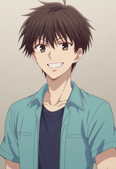 score_9, score_8_up, score_7_up, source_anime, highly detailed,
kakerumanabe, 1boy, male focus, solo, brown eyes, smile, grin, happy, open mouth, brown hair, upper body, facing viewer, :d, green shirt, open shirt, t-shirt, black t-shirt, short sleeves
outdoor,