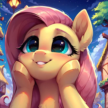 masterpiece, score_9, score_8_up, score_7_up, (best quality:1.1), ultra-detailed, high resolution, 1girl, pony, highly detailed macro illustration, Fluttershy smiling, blushing, hands on face, Fluttershy, feral, female, mare, cute, night, long eyelashes, outside, (((beautiful detailed eyes))), Long eyelashes, fluffy, ear fluff, long eyelashes, Highly Visible, (((8k))), sharp focus, perfect lighting, anatomically correct, extremely detailed, shine on body, (in the mlp town), high detail, cute face, suspicious facial expression, Expressiveh, detailed background, OverallDetail, zPDXL2