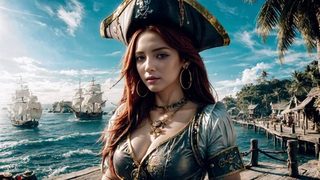 (young redhead pirate woman), (portrait), sharp focus, (ultradetailed), (standing), (happy) smile, pirate (ship galleon:1.2, hoop earrings, gold medallion, Dark Graypirate clothes, pirate hat, hips, (pirate parrot:1.2), pirate (village), leafy beach coast, (treasure chest with coins, gems and jewels:1.2), rum barrel, best quality masterpiece, bright sunny sky, backlight, natural lights, high contrast, hdr, shadows, pretty, beautiful, feminine, sexy, adorable, lovely, in love, (PirateDiffusionprt:0.5), <lora:Pirate:0.3> PrateT <lora:PirateRealms:0.3> <lora:Detail Tweaker LoRA add_detail:0.8> <lora:depth_of_field_slider_v1:5> <lora:SDXLrender_v2.0:0.9>