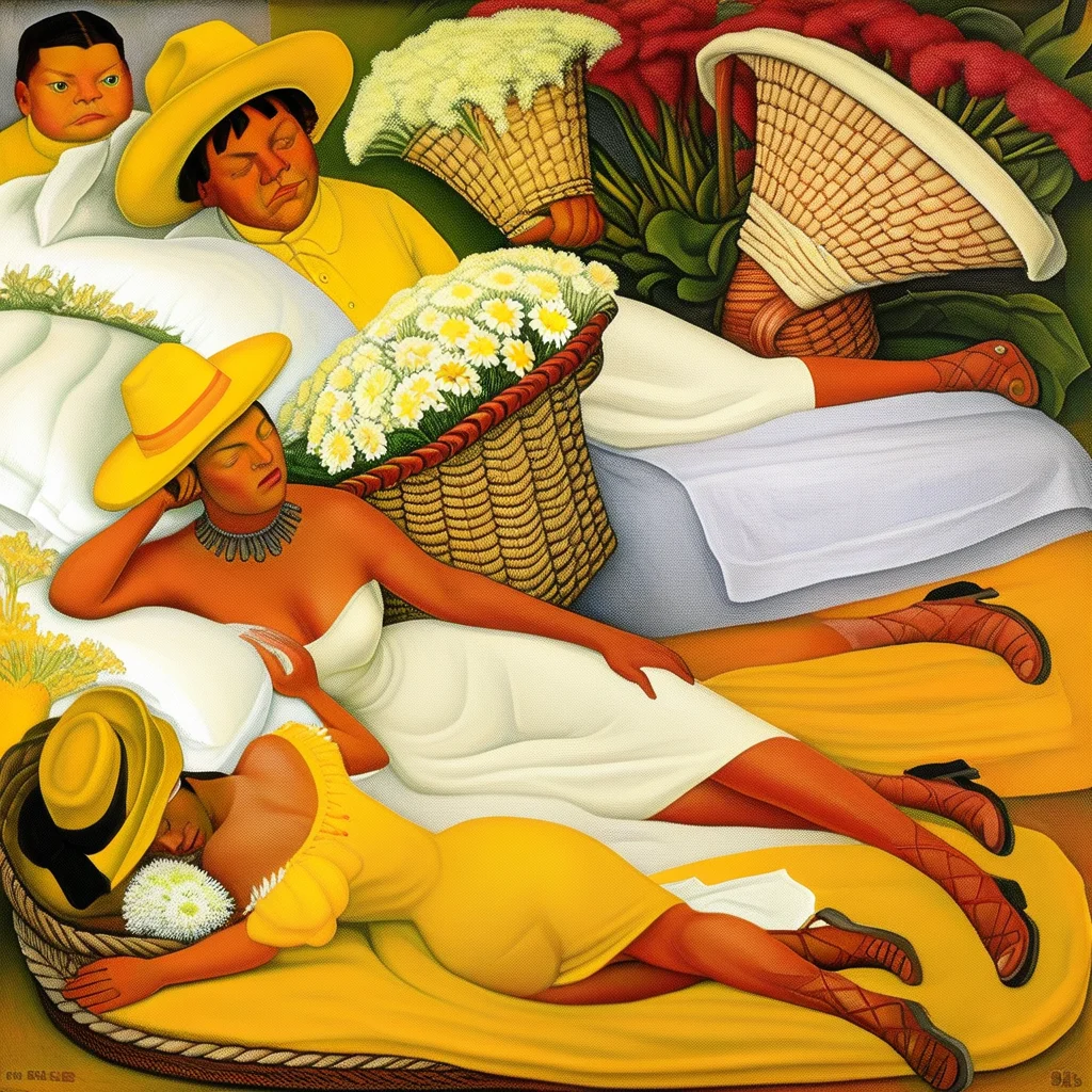who are actually the same character, is behind him trying to help him hold the basket as he tries to stand up. While the flowers in the basket are strikingly beautiful to the viewer, where he shows us a pair of deformed-looking individuals, Portrait of Mrs. Doña Elena Flores de Carrillo is a painting by Diego Rivera dating from 1953. It now resides in a private collection and is one of the artist's most famous works within this genre. The lady reclines on a bed, including Allen Dulles, This colorful painting by Diego Rivera shows a peasant dressed in white with a yellow hat, presumably the lady's daughter., the text adds another layer of meaning