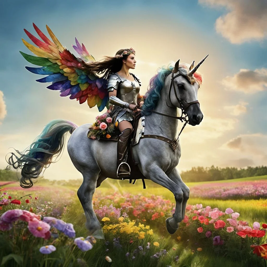 A medieval armored woman riding a winged rainbow MLPIRL in a field of flowers <lora:MLPIRL_-_My_Little_Pony_In_Real_Life:1.0>