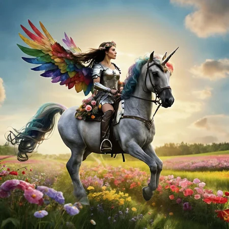 A medieval armored woman riding a winged rainbow MLPIRL in a field of flowers <lora:MLPIRL_-_My_Little_Pony_In_Real_Life:1.0>