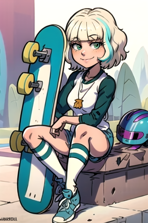 <lora:JackieLynn-10:1> 1girl, solo, smile, short hair, blonde hair, white background, sitting, green eyes, multicolored hair, shoes, shorts, socks, streaked hair, kneehighs, helmet, sneakers, freckles, raglan sleeves, skateboard