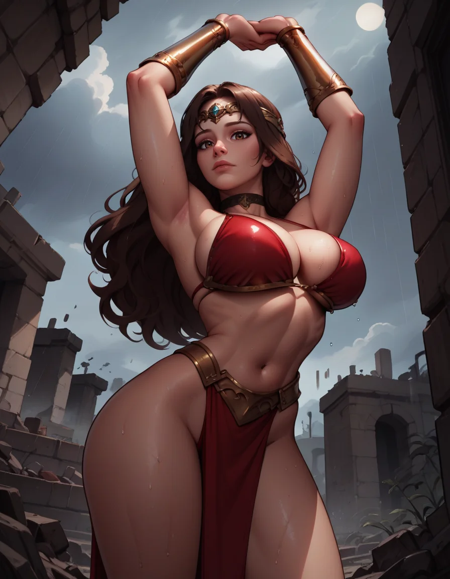 score_9, score_8_up, score_7_up,score_6_up, score_5_up, score_4_up , 1girl,
large breasts,
tflaredg,
long hair, brown hair, brown eyes,
bracer, pelvic curtain, armor, choker, circlet,
red armor, red bikini,
torn clothes,
stretching, leaning forward,
from below,
looking at viewer,
ruins, debris, rain, cloudy sky, night, wet,
<lora:Tyris Flare PonyXL v01-000002:1>