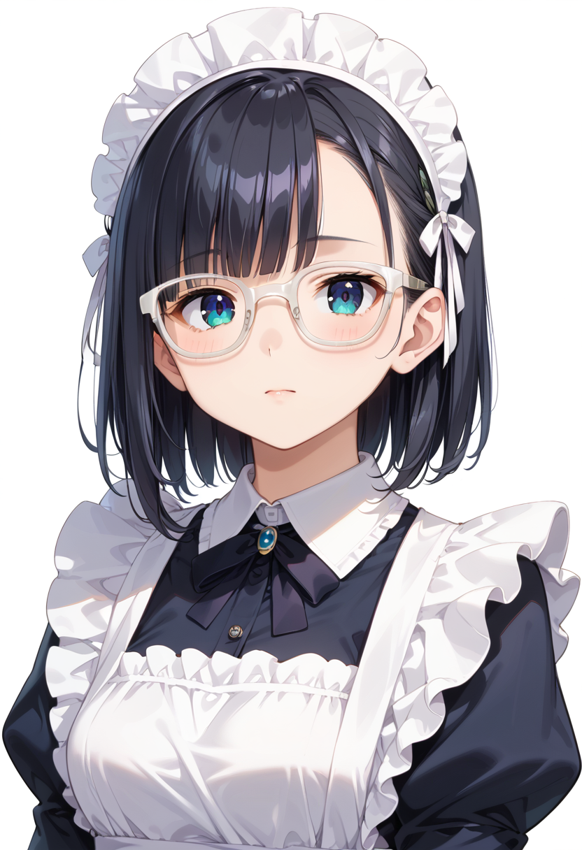 score_9, score_8_up, score_7_up, rating_safe, masterpiece, best quality, absurdres, unity 8k wallpaper, official art, official style, source_anime, uncensored, game cg, megami magazine,
1girl, solo, black hair, medium hair, upper body, covered eyes,maid, maid headdress, black dress, maid apron, face focus,
Wellington22A, glasses, white background, simple background, white-framed eyewear
 <lora:glasses_Wellington22A1_PONY_V1:1>