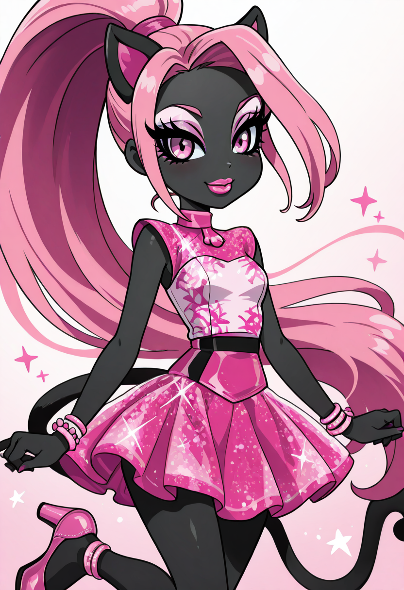 masterpiece, best quality, solo, curvy, beautiful eyes, narrow waist, wide hips, 1girl, solo, smile, looking at viewer, foreshortening, close up, anime screenshot,    ,<lora:CattyNoirMH_IXL:0.9>, zzCattyNoir, pink eyes, pink eyeshadow, long hair, pink hair, ponytail, tail, very long hair, black skin, cat ears, cat tail, makeup, sleeveless, pink skirt, idol, jewelry, eyeshadow, high heels, lipstick,  C0utur3Cr4z3, <lora:CoutureCraze_IXL:0.6>,, smile, looking at viewer, cowboy shot,  <lora:CitronKuroStyle_IXL:0.8>,