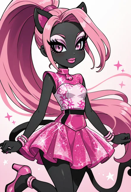 masterpiece, best quality, solo, curvy, beautiful eyes, narrow waist, wide hips, 1girl, solo, smile, looking at viewer, foreshortening, close up, anime screenshot, ,<lora:CattyNoirMH_IXL:0.9>, zzCattyNoir, pink eyes, pink eyeshadow, long hair, pink hair, ponytail, tail, very long hair, black skin, cat ears, cat tail, makeup, sleeveless, pink skirt, idol, jewelry, eyeshadow, high heels, lipstick, C0utur3Cr4z3, <lora:CoutureCraze_IXL:0.6>,, smile, looking at viewer, cowboy shot, <lora:CitronKuroStyle_IXL:0.8>,