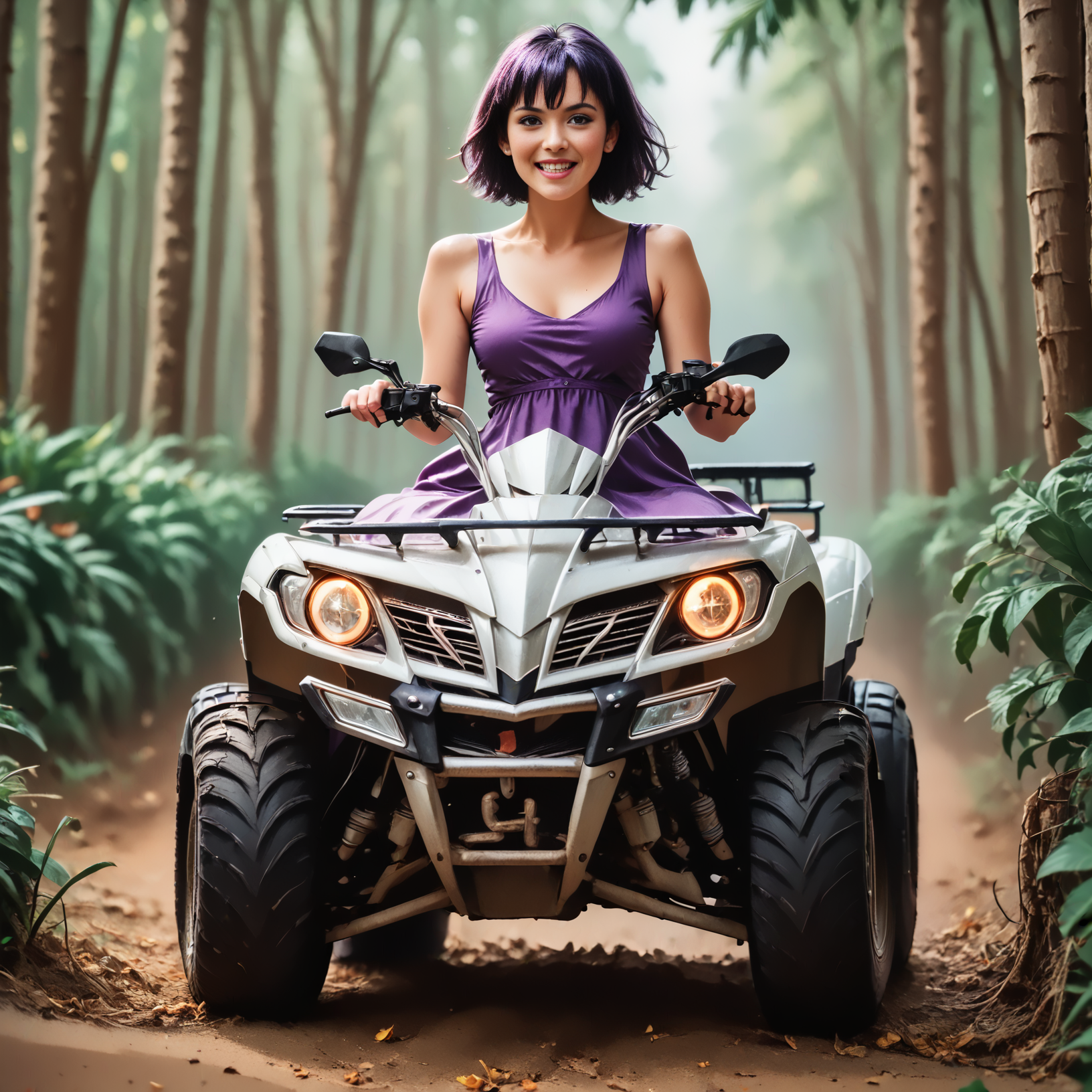 score_9, score_8_up, score_7_up, riqua (front view) , (slim 25yo female) riding a quad. purple dress, sneakers , short brunette hair  <lora:RideQuadPony:1>