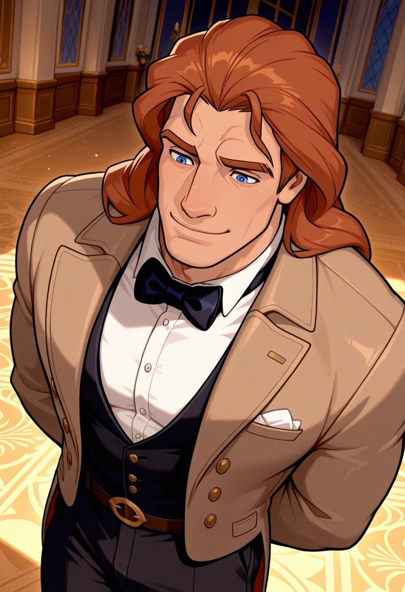 masterpiece,best quality,amazing quality,very aesthetic,absurdres,newest, huge filesize, Prince_Adam_BTB, 1man male focus, solo, auburn hair, blue eyes, lean and muscular, mature, long hair, strong, tall, manly, masculine, classy, soulful eyes,  artistic,  score_9, score_8_up, score_7_up, Masterpiece, Best Quality, beautiful eyes, detailed eyes, male focus, dynamic angle, male focus, solo, face focus, front view, gentle smile, standing, ((male)), ((mature)), ((adult)), handsome, sexy, ((slender)), ((pecs)), ((bara)), ((twunk)), Prince_Adam_BTB, 1man, auburn hair, blue eyes, SUBTLE SMILE, proportional body, Golden Hour Shot, Tuxedo, tailored suits, dress shirts, polished dress shoes, polo shirts, chinos, trousers, casual jackets, overcoats, peacoats, Omega watch, tie, bow tie, pocket square, leather belt,  ballroom