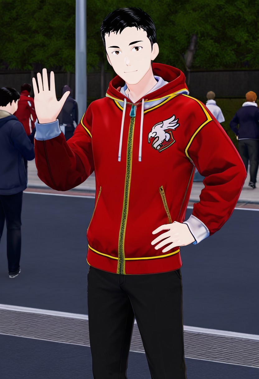 harmard, black hair, short hair, brown eyes, 1boy, solo, solo focus, red_white_jacket, black pants, young man, outdoor setting, right hand waving gesture, left hand leans on hip, handfixer