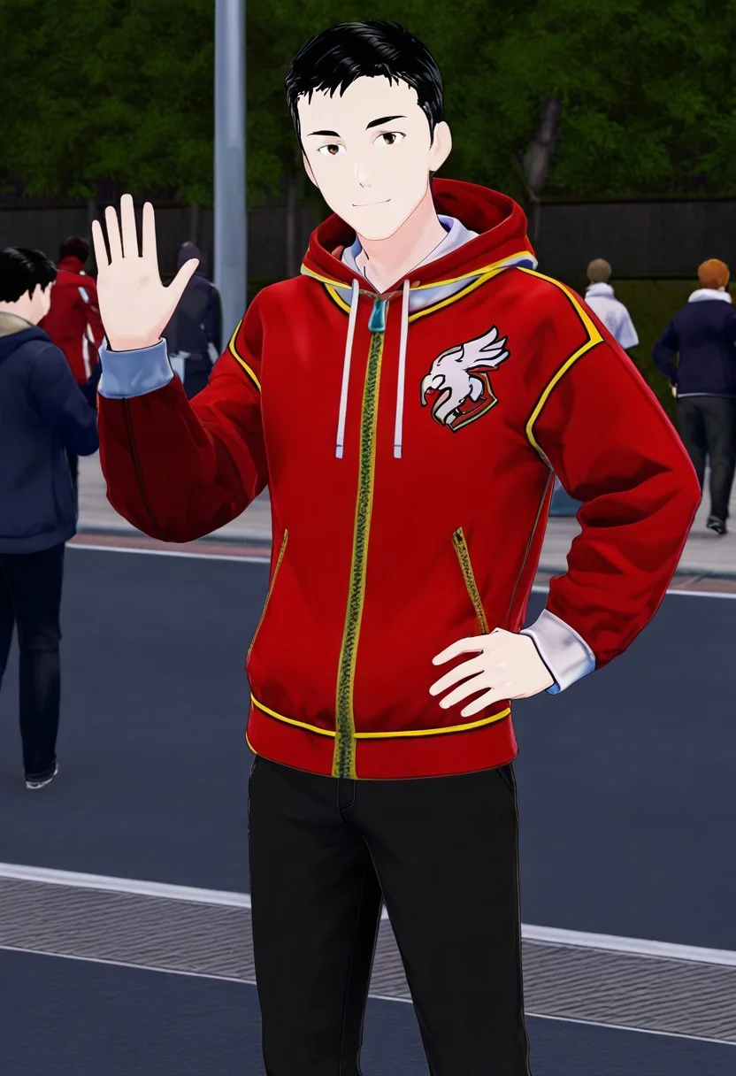 harmard, black hair, short hair, brown eyes, 1boy, solo, solo focus, red_white_jacket, black pants, young man, outdoor setting, right hand waving gesture, left hand leans on hip, handfixer