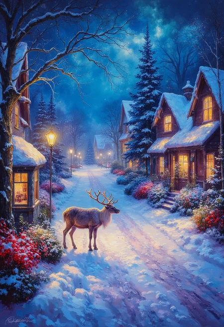 Impasto, A beautiful suburban neighborhood, covered in snow, signs of life all around, A reindeer feeding on some red berries, night scene, warm lights, heavily snowy night, close up of snowflake, colorful holiday lights, beautiful landscape, snow covered pine trees, colorful night, magical, painterly, vibrant glow