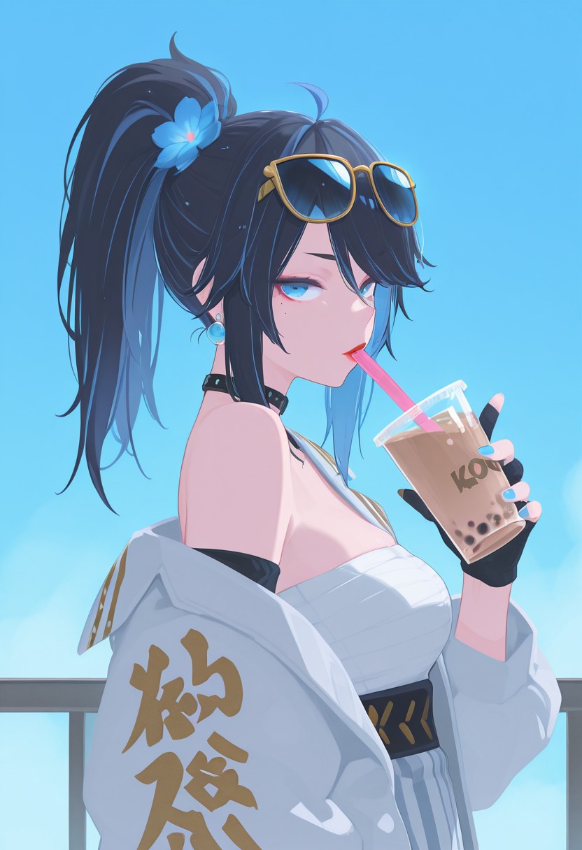 masterpiece,best quality,amazing quality, 1girl, solo, long hair, looking at viewer, (VTuber_Kson, blue eyes, blue hair, multicolored hair, black hair, ponytail, mole under eye, choker, gloves, pants, jacket, chest sarashi, glasses, holding sword), hair ornament, dress, holding, jewelry, blue hair, upper body, flower, earrings, food, detached sleeves, hair flower, striped clothes, nail polish, mole, from side, blue sky, cup, looking to the side, mole under eye, makeup, gundam wall bookcase background, sunglasses, holding cup, eyewear on head, blue nails, blue flower, vertical-striped clothes, drinking straw, blue theme, drink, red lips, striped dress, vertical-striped dress, holding drink, bubble tea, drinking straw in mouth, h4ra_illu <lora:ponyv6_noobE11_2_adamW-000017:0.3> <lora:XXX667:0.5> <lora:hara_id_21:0.8>