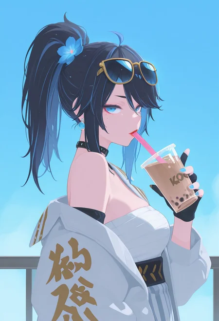 masterpiece,best quality,amazing quality, 1girl, solo, long hair, looking at viewer, (VTuber_Kson, blue eyes, blue hair, multicolored hair, black hair, ponytail, mole under eye, choker, gloves, pants, jacket, chest sarashi, glasses, holding sword), hair ornament, dress, holding, jewelry, blue hair, upper body, flower, earrings, food, detached sleeves, hair flower, striped clothes, nail polish, mole, from side, blue sky, cup, looking to the side, mole under eye, makeup, gundam wall bookcase background, sunglasses, holding cup, eyewear on head, blue nails, blue flower, vertical-striped clothes, drinking straw, blue theme, drink, red lips, striped dress, vertical-striped dress, holding drink, bubble tea, drinking straw in mouth, h4ra_illu <lora:ponyv6_noobE11_2_adamW-000017:0.3> <lora:XXX667:0.5> <lora:hara_id_21:0.8>