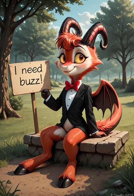 anime artwork <lora:buzz_r1:1>coll-buzzing, holding a sign saying I Need Buzz, 1girl, I need buzz, <lora:Dazzle:1> coll-dazzle, horns, wings, solo, bowtie, bow, tail, suit, formal, furry, simple background, full body, smile, 1boy, Sitting at park in the grass, red furr . anime style, key visual, vibrant, studio anime, highly detailed