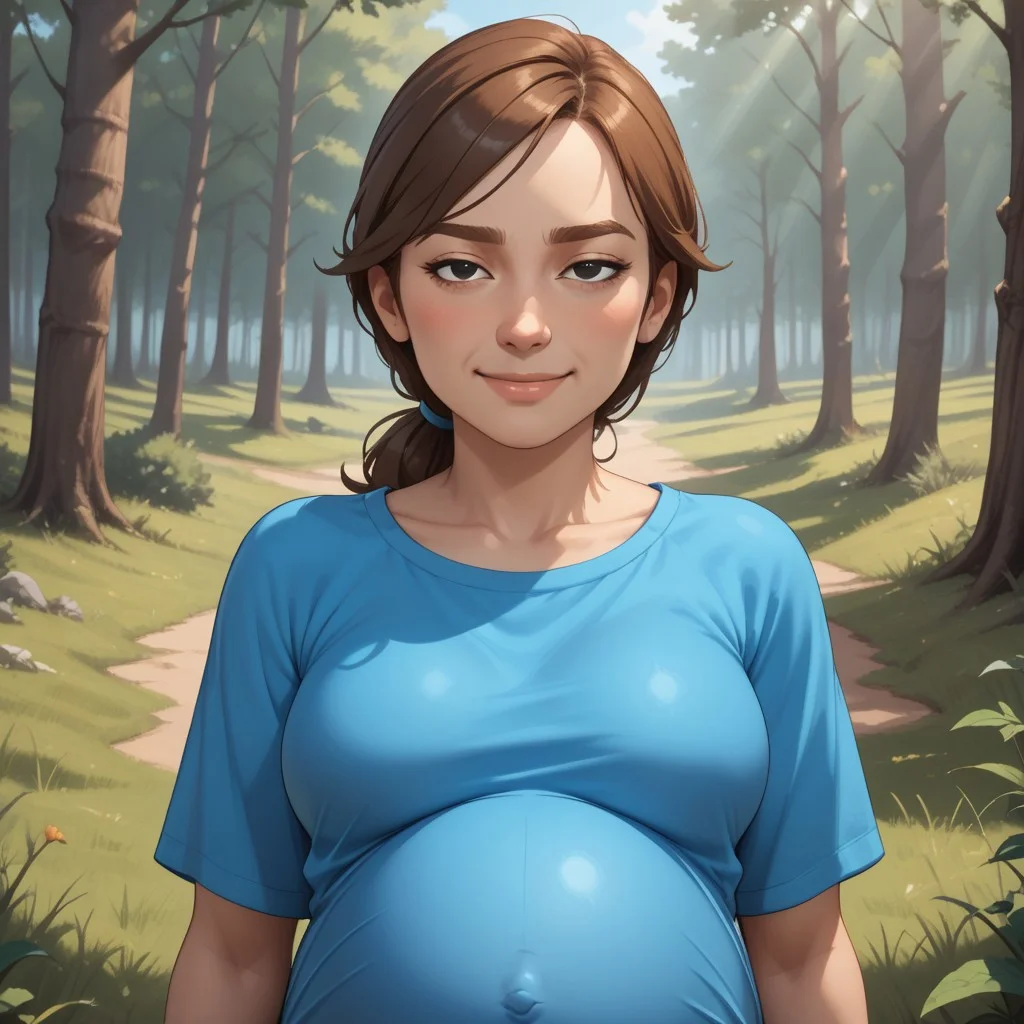 score_9, score_8, BREAK, solo, mii, wii, wii sports resort, female mii, 1girl, cute, brown hair, brown eyebrows, rectangle eyebrows, black eyes, sleepy eyes, half circle eyes, small nose, blush, :I, Hiromi_(\Wii_Sports_Resort\), medium breasts, Nintendo Mii, modern_mii, classic_mii, adult female, mature female, breasts, (((pregnant))), sexy pose, self portrait, smile, outdoors, sunlight, shadows, evening lighting, natural lighting, forest, trees, grass, orange sky, sunset